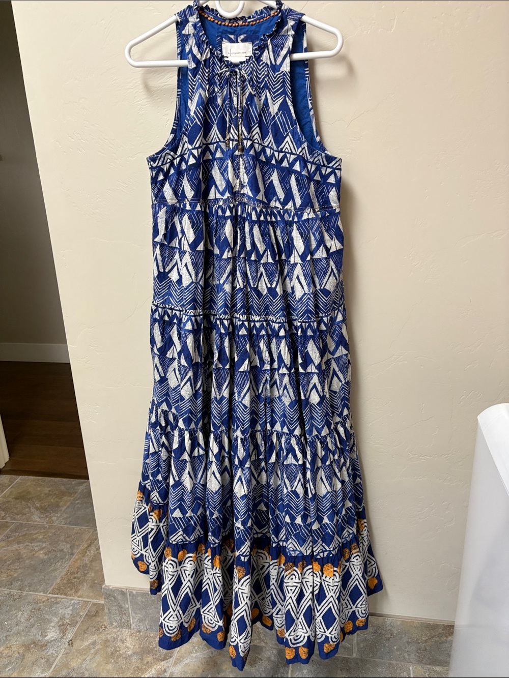 Anthropologie blue and white tiered maxi dress - large